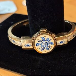 Gold and Blue Floral Bracelet Watch